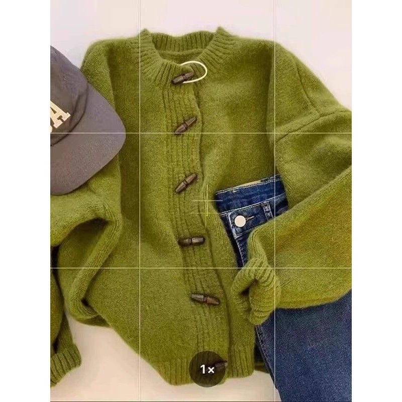Green Horn Button Knitted Cardigan For Women, European Style Raccoon Fleece Thickened Winter Outerwear Sweater Jacket New Arrival - Image 3